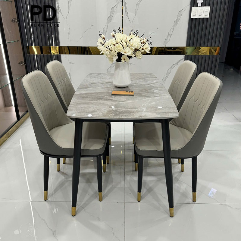 Bộ Bàn Ăn Mặt Đá Ceramic 4 Ghế Monet Không Tay, Chân Côn Nhập Khẩu