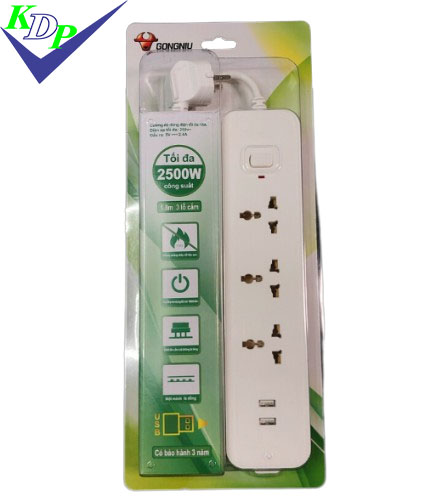 Ổ cắm 3 đa năng 1 công tắc có 2 USB dây dài 1.8m GNVN-N103U Gongniu