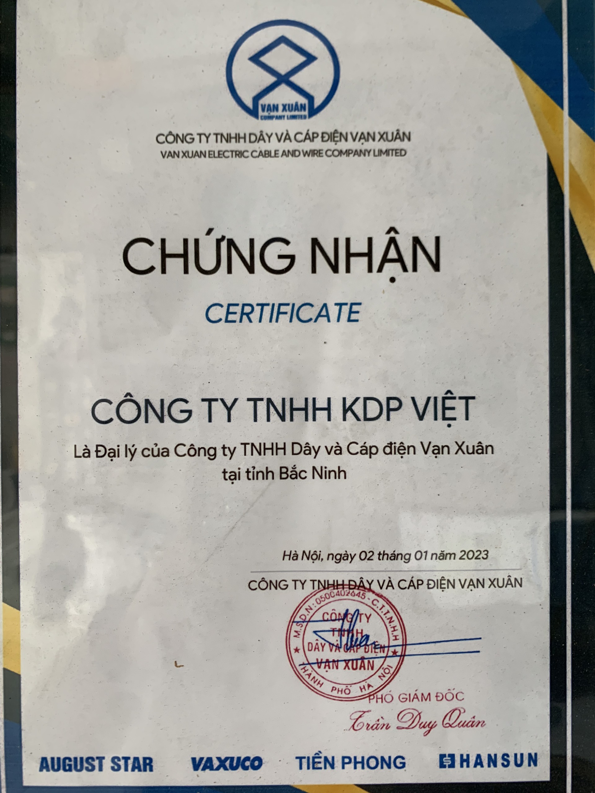 chứng nhận đại lý Cáp Hansun