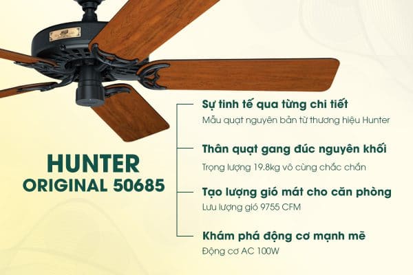 Quạt trần 5 cánh Hunter Original động cơ AC 100W sải cánh 132cm  (Bảo hành phụ kiện (bộ tay khiển, cánh, bản led) 12 tháng, bảo hành động cơ 5 năm)