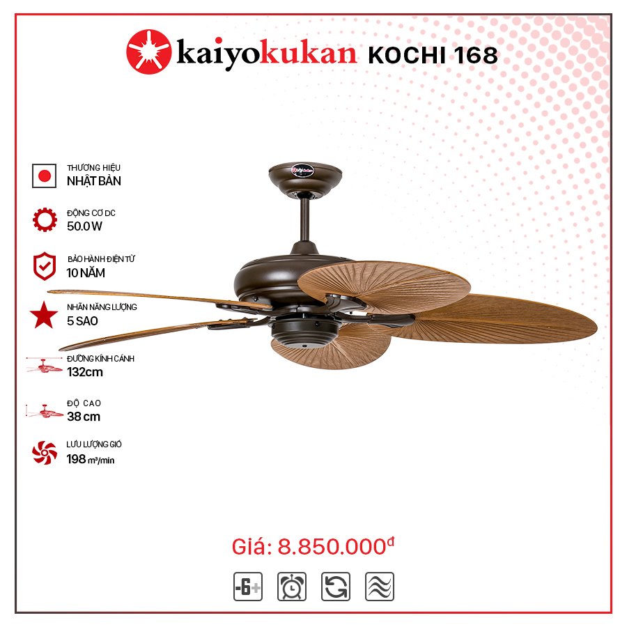 Quạt trần Nhật 5 cánh nhựa ABS Kaiyokukan kochi 168 bản không đèn (BH24T)