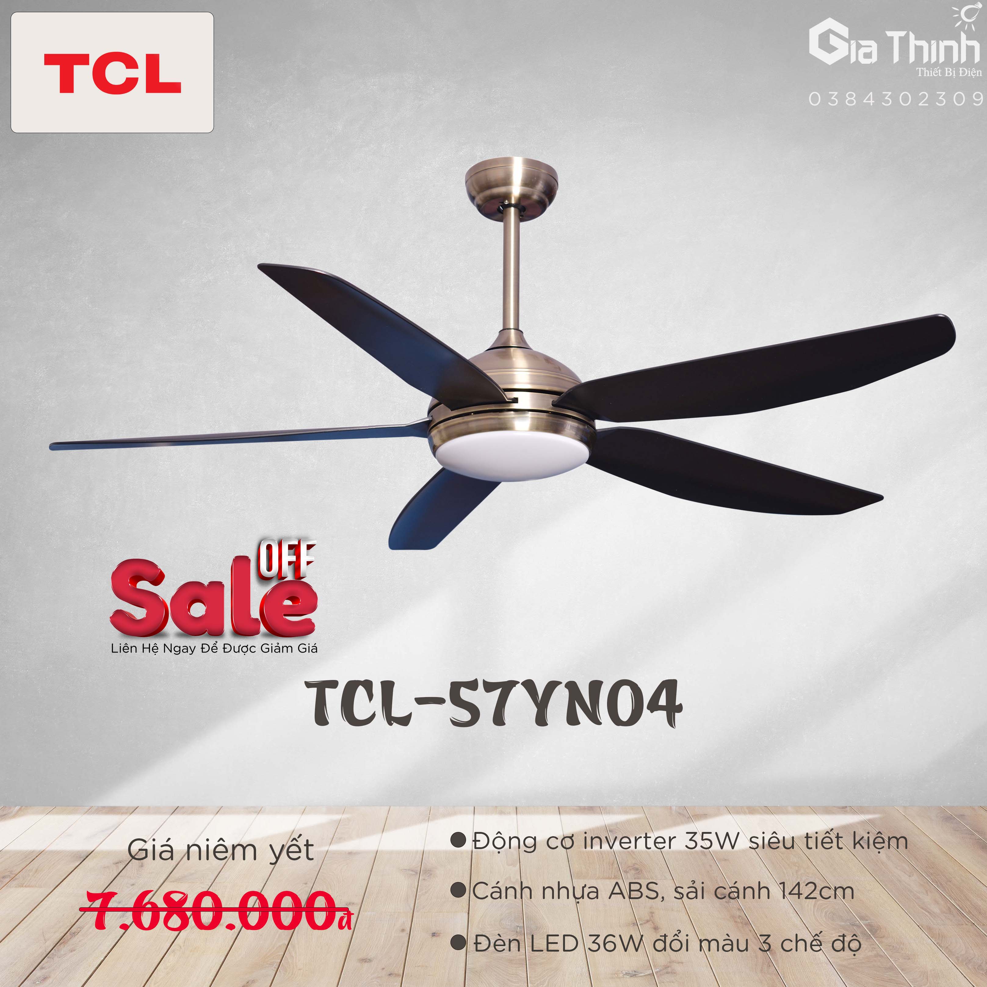 Quạt trần TCL 5 cánh màu ghi xám -đèn led 3 chế độ sáng GT5704G(BH36T)