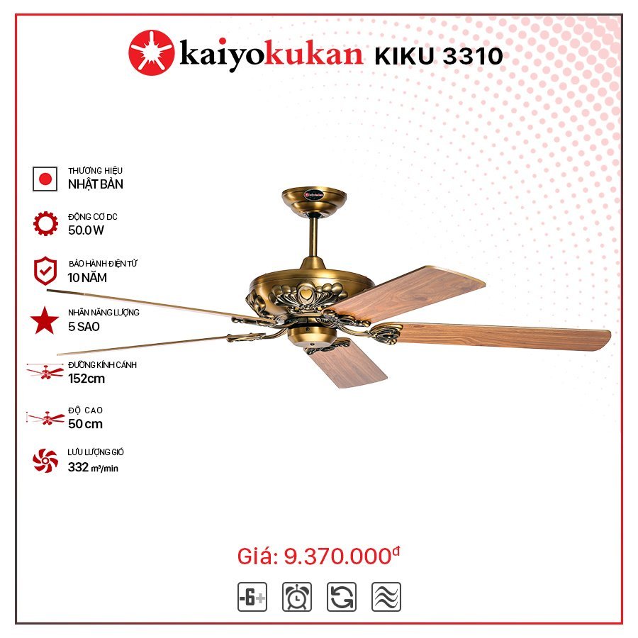 Quạt trần Nhật 5 cánh Kaiyokukan Kiku 3310 động cơ DC 50W, sải cánh 152cm bản không đèn (Bảo hành sửa chữa tại nhà 24 tháng)
