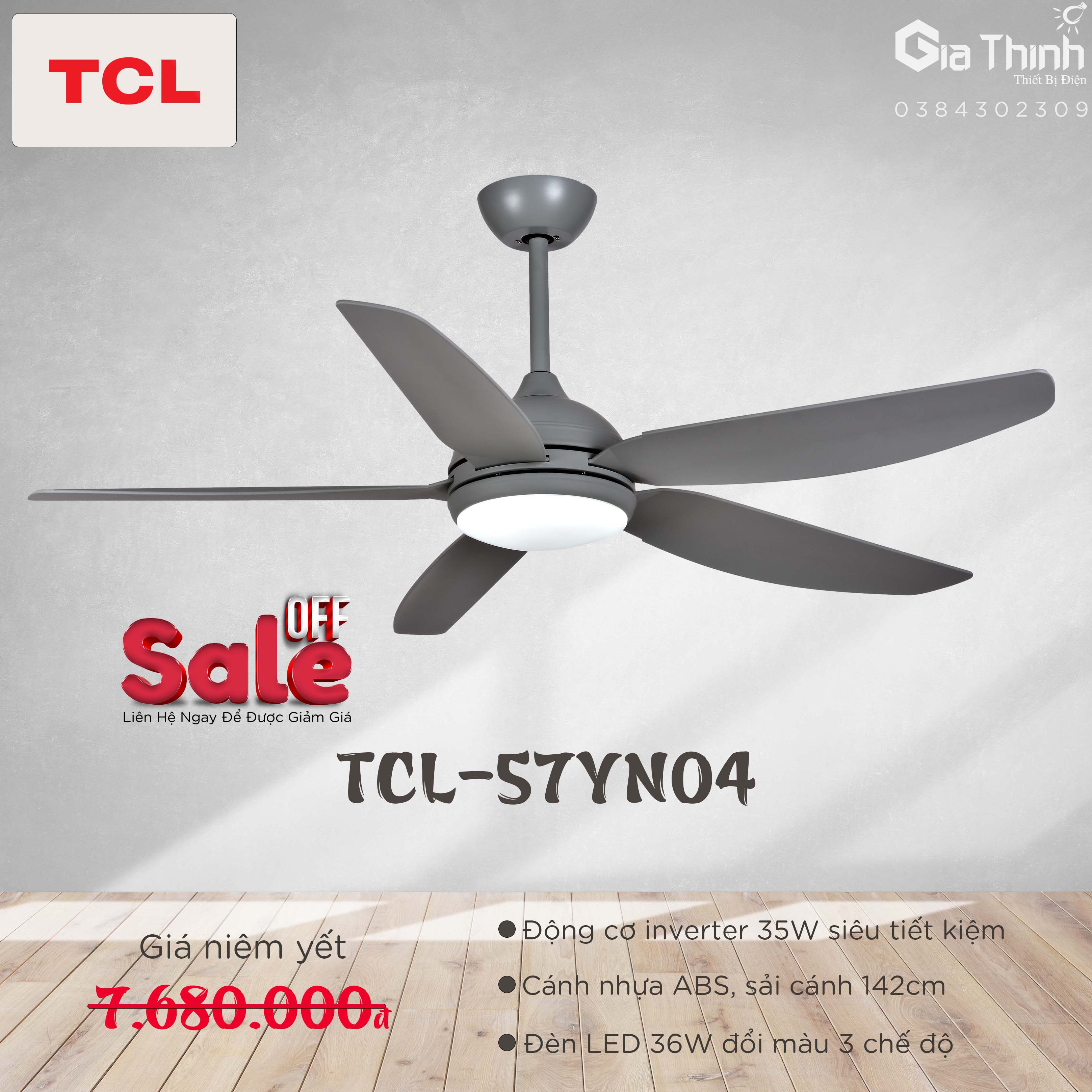Quạt trần TCL 5 cánh màu ghi xám -đèn led 3 chế độ sáng GT5704G(BH36T)