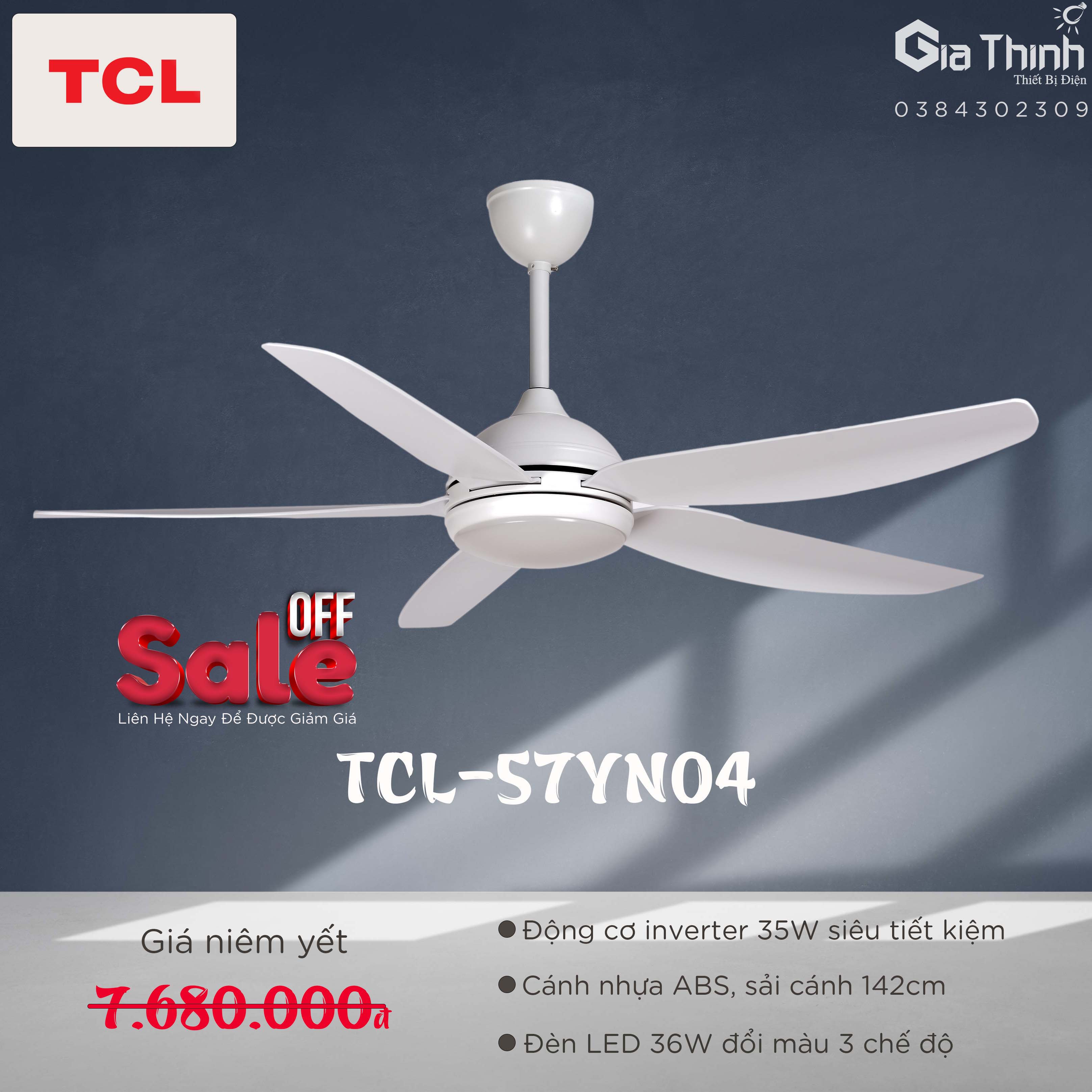 Quạt trần TCL 5 cánh màu ghi xám -đèn led 3 chế độ sáng GT5704G(BH36T)