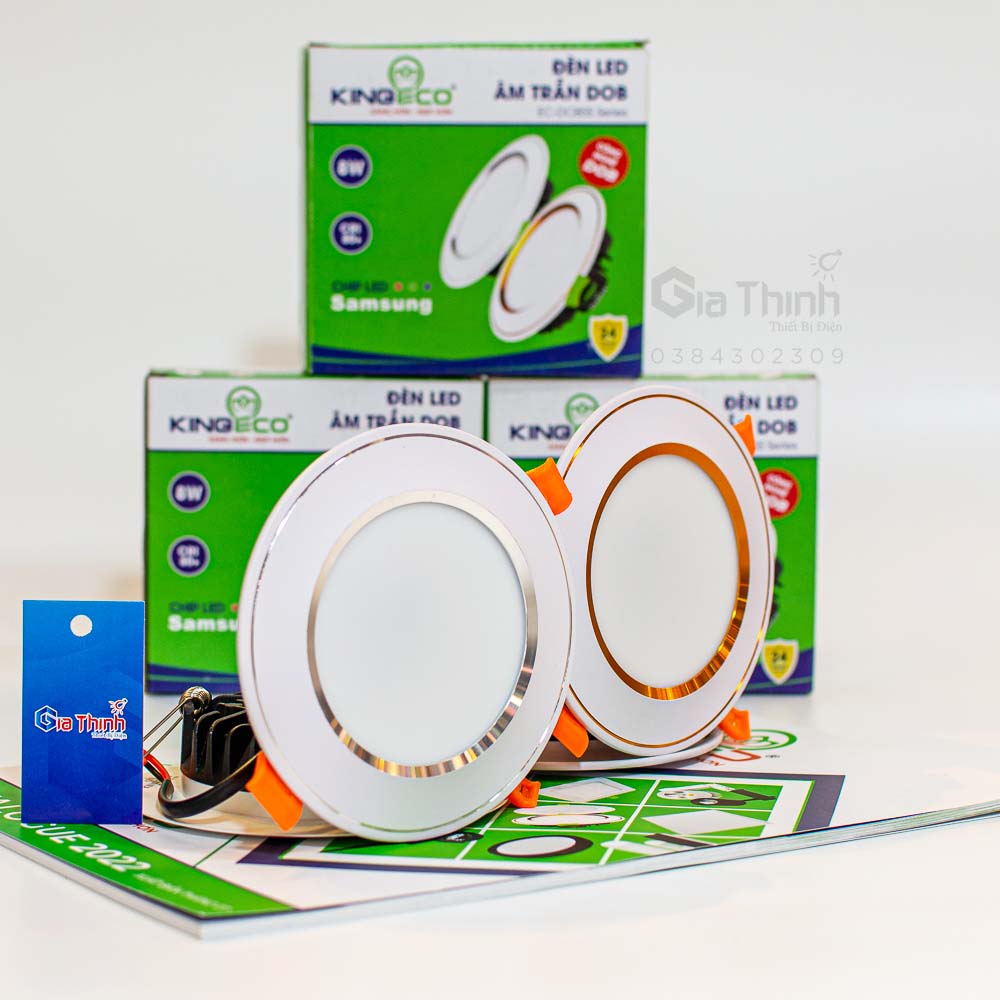 Âm trần 8w KingEco mặt cong viền bạc lỗ khoét 90mm (BH24T)