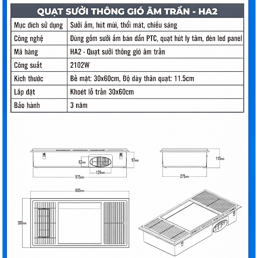 Quạt sưởi nhà tắm âm trần Hans HA2 đa năng 4 trong 1 thông gió, sưởi ấm, làm mát, chiếu sáng kích thước 30x60cm