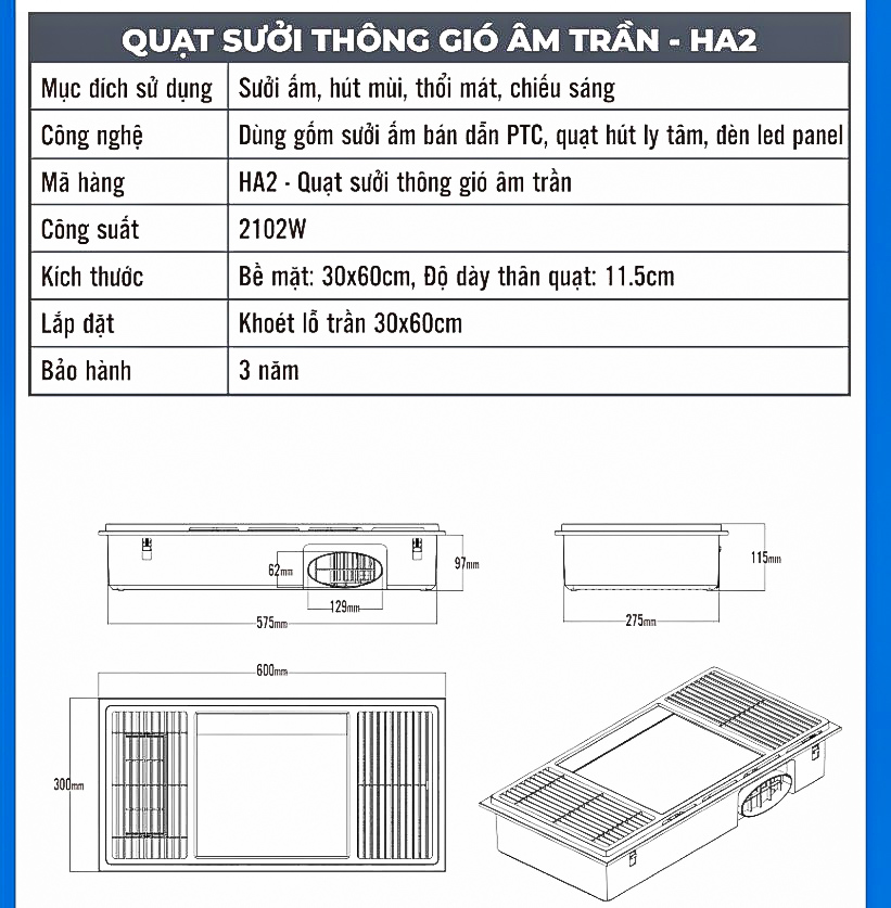 Quạt sưởi nhà tắm âm trần Hans HA2 đa năng 4 trong 1 thông gió, sưởi ấm, làm mát, chiếu sáng kích thước 30x60cm