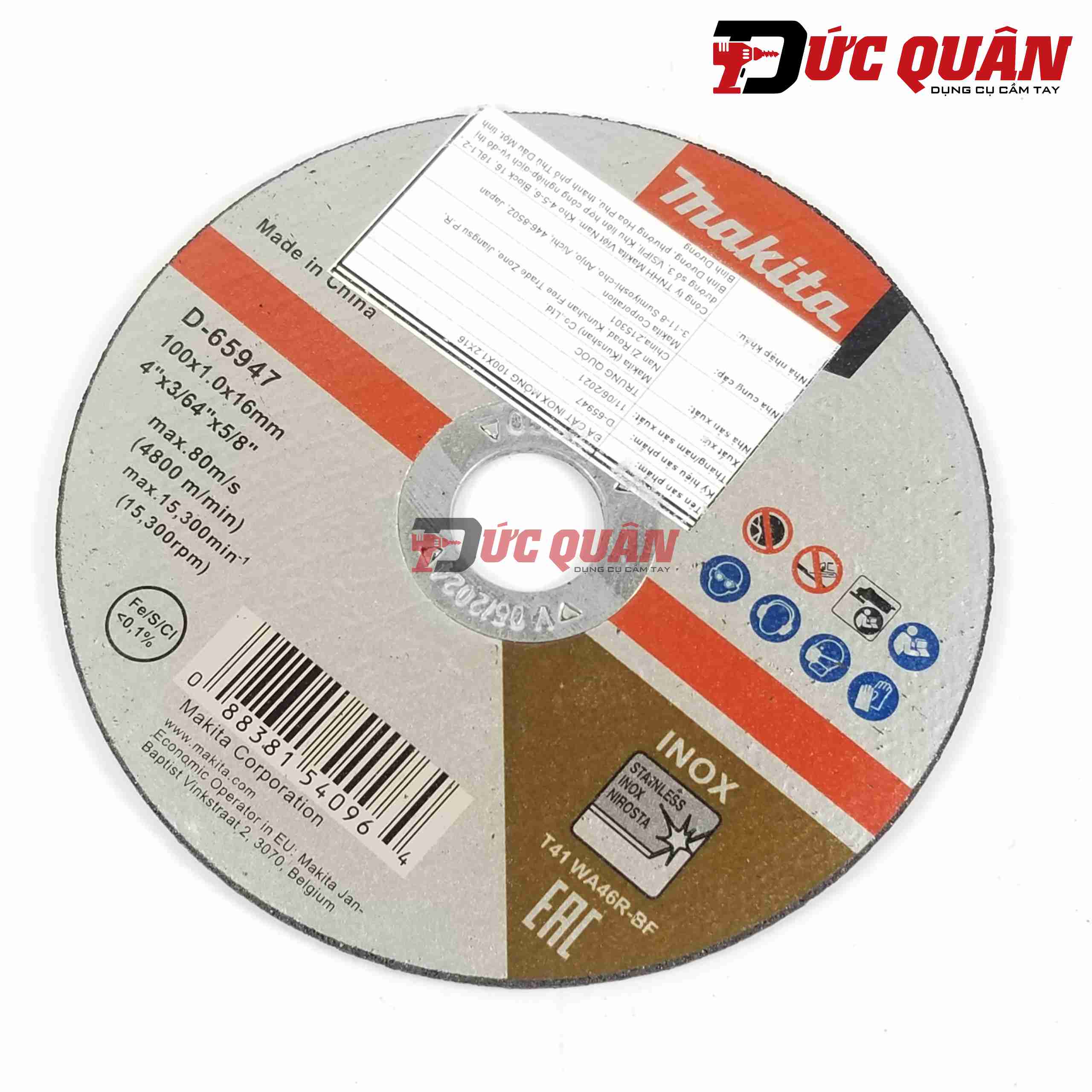Đá cắt mỏng cho Inox 100x1.2x16mm Makita D-65947