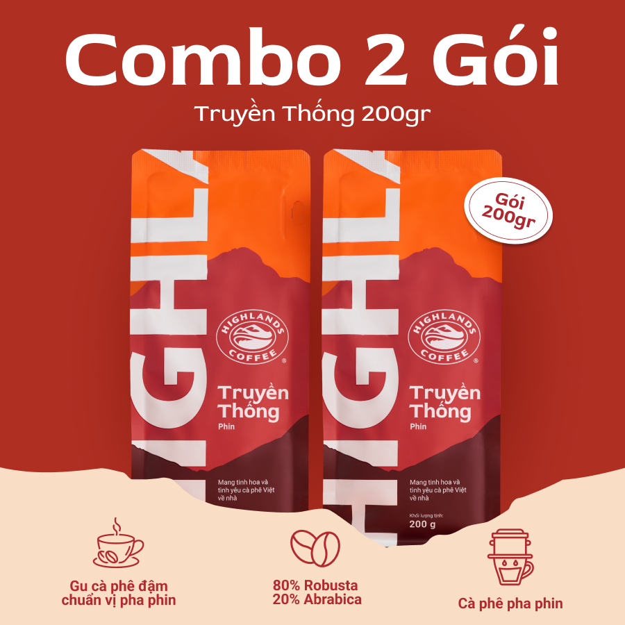Combo 2 Gói Cà Phê Rang Xay Truyền Thống Highlands Coffee 200g/gói