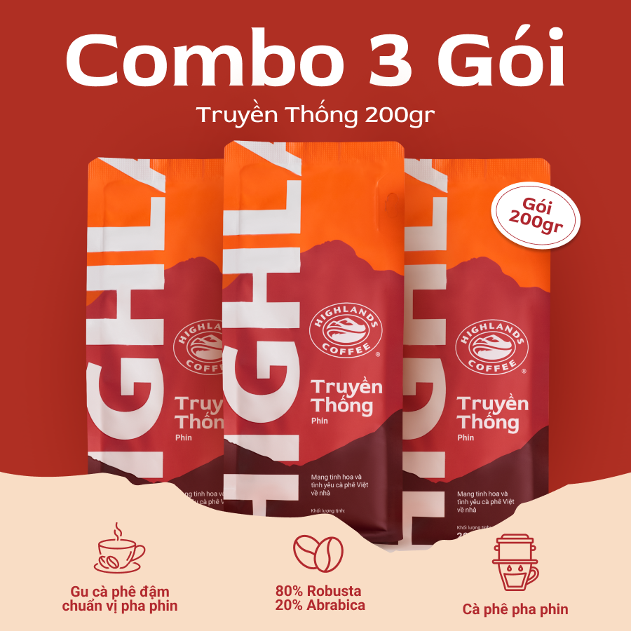 Combo 3 Gói Cà Phê Rang Xay Truyền Thống Highlands Coffee 200g/gói