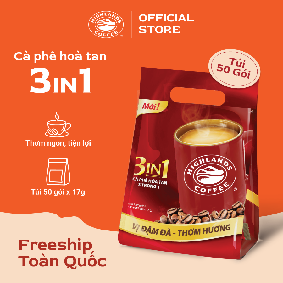 (Freeship Toàn Quốc) Cà phê sữa hòa tan 3in1 Highlands Coffee (50 gói x 17g)