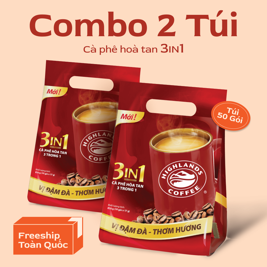 Freeship - Combo 2 túi Cà phê sữa hòa tan 3in1 Highlands Coffee (50 gói x 17g)