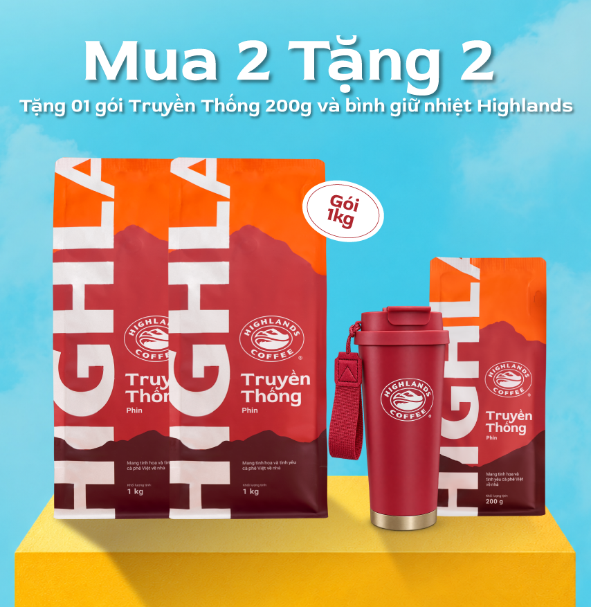 [MUA 2 TẶNG 2- Mua 2 gói Cà phê Bột Truyền Thống 1kg Tặng 01 gói Truyền thống 200g và 01 bình giữ nhiệt Highlands