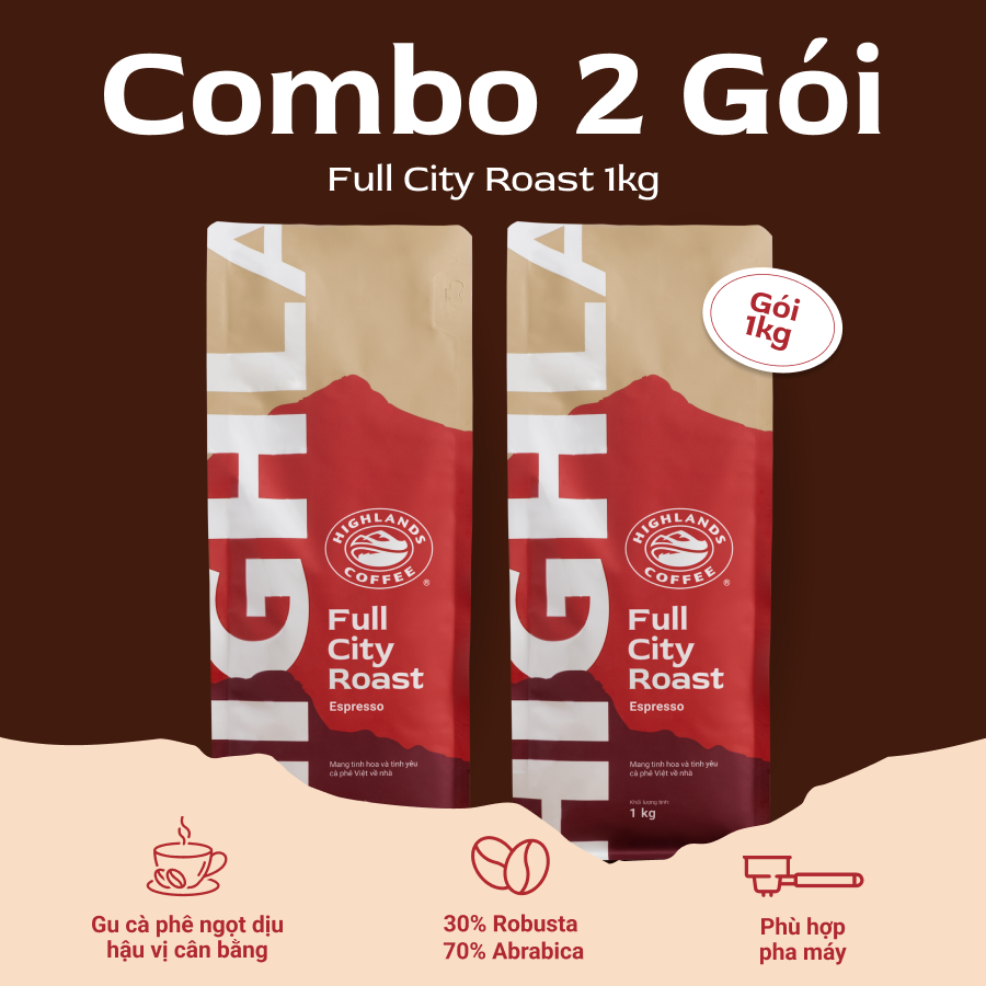 Combo 2 Túi cà phê hạt Full City Roast Highlands Coffee 1kg