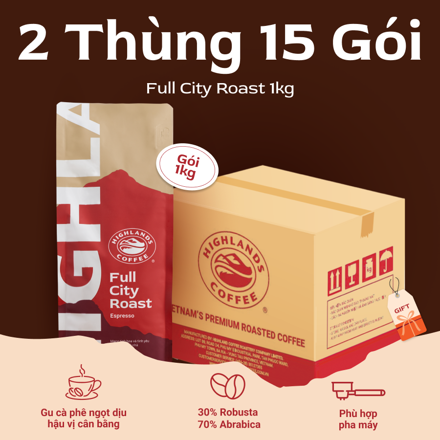 2 Thùng 15Kg Cà phê hạt Full City Roast Highlands Coffee 1kg