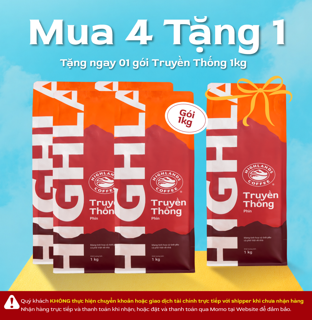 [DEAL THÁNG 10] MUA 4 TẶNG 1. Nhập mã KM30K giảm thêm 30K đơn từ 899K- Cà phê bột Truyền Thống Highlands Coffee 1kg. Giới hạn số lượng.