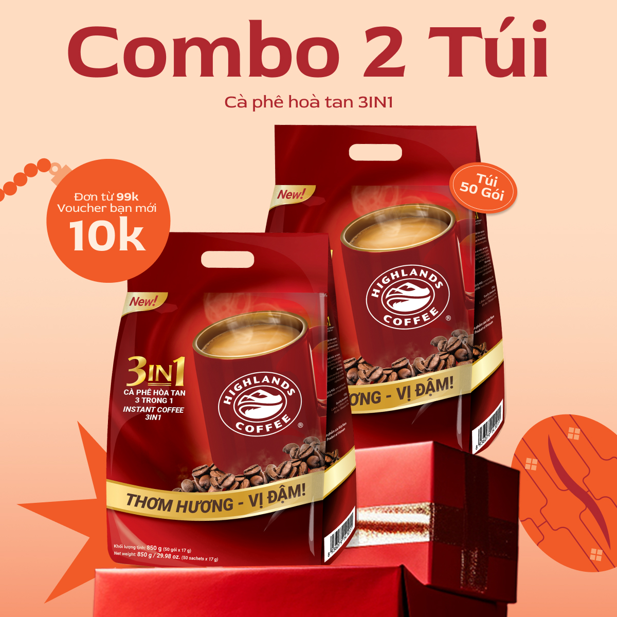 Freeship - Combo 2 túi Cà phê sữa hòa tan 3in1 Highlands Coffee (50 gói x 17g)