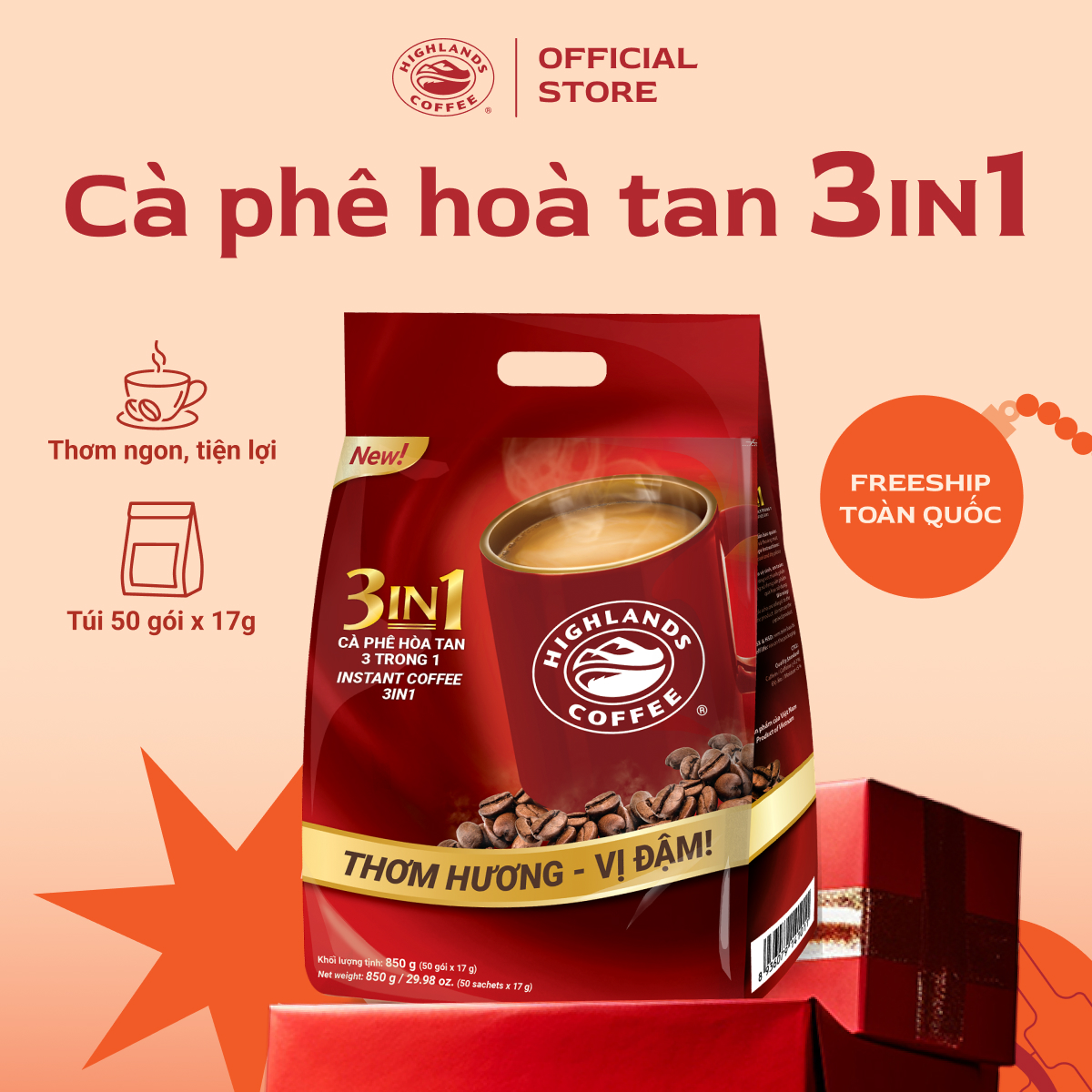 (Freeship Toàn Quốc) Cà phê sữa hòa tan 3in1 Highlands Coffee (50 gói x 17g)