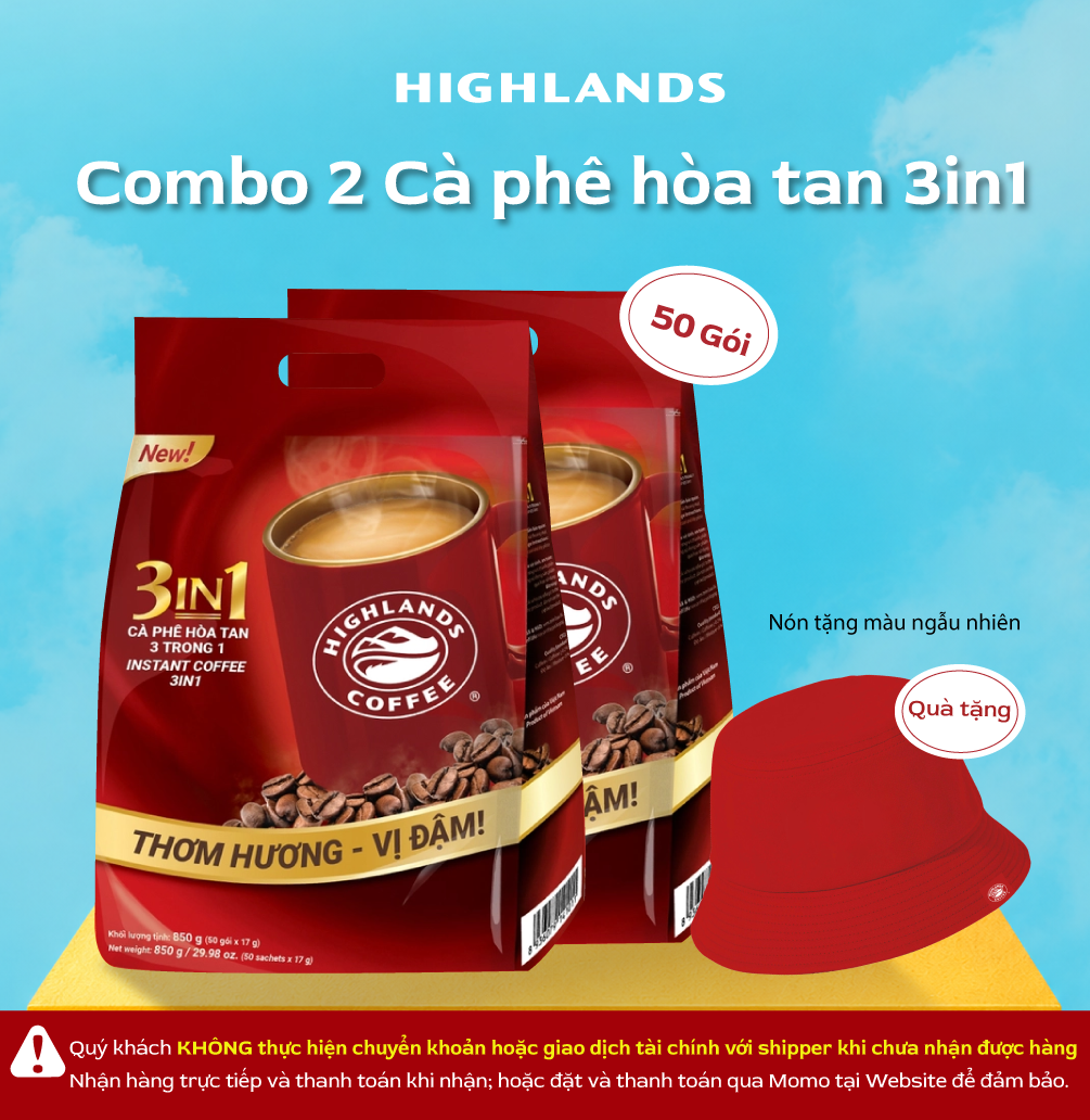 [Mua 2 tặng 1] Combo 2 túi Cà phê sữa hòa tan 3in1 Highlands Coffee (50 gói x 17g) tặng 01 nón bucket Highlands
