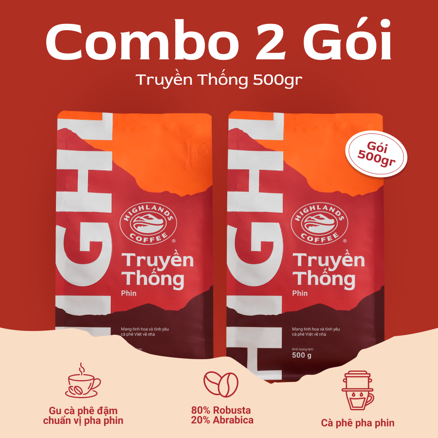 [Mua 2 Tặng 1] Mua 2 Túi Cà Phê Rang Xay Truyền Thống Highlands Coffee 500g tặng Phin Highlands