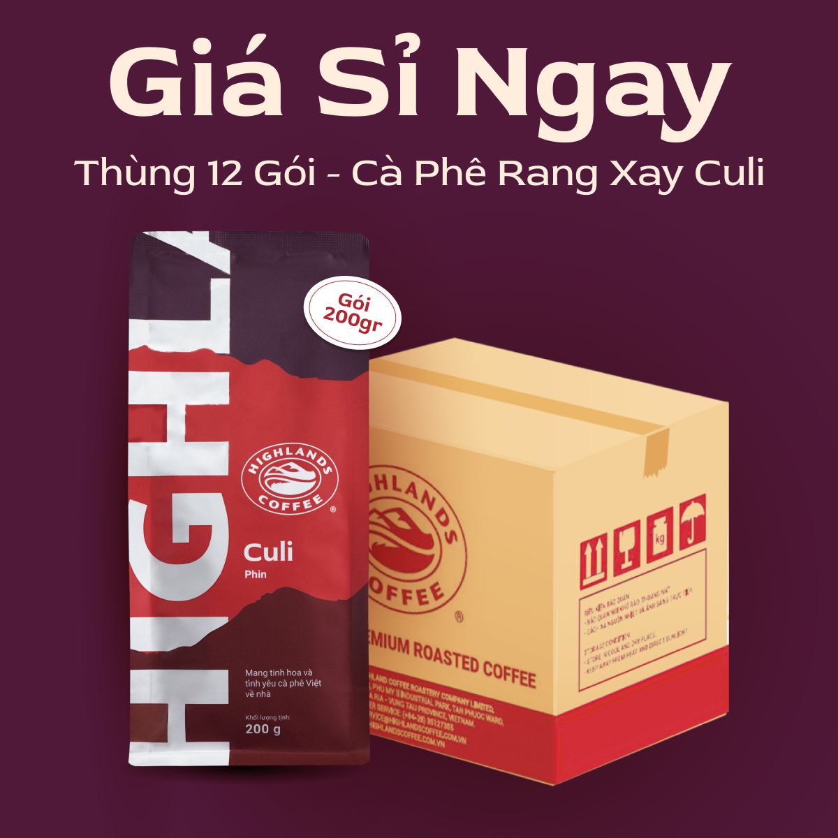 Thùng 12 gói Cà Phê Rang Xay Culi Highlands Coffee 200g/gói