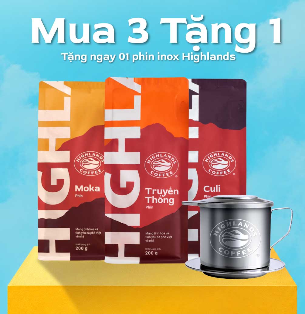 [HOT DEAL- Tặng 01 phin inox Highlands] Combo Trọn vị Highlands gồm 3 gói cà phê rang xay Highlands Coffee 200g Truyền Thống- Moka- Culi