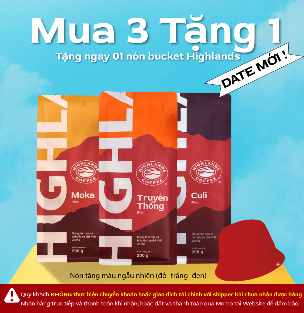 [HOT DEAL- Tặng 01 nón Highlands] Combo Trọn vị Highlands gồm 3 gói cà phê rang xay Highlands Coffee 200g Truyền Thống- Moka- Culi