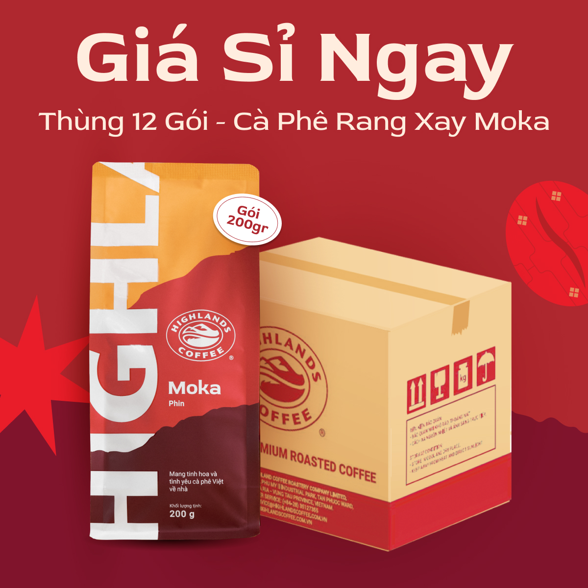 Thùng 12 gói Cà Phê Rang Xay Moka Highlands Coffee 200g/gói