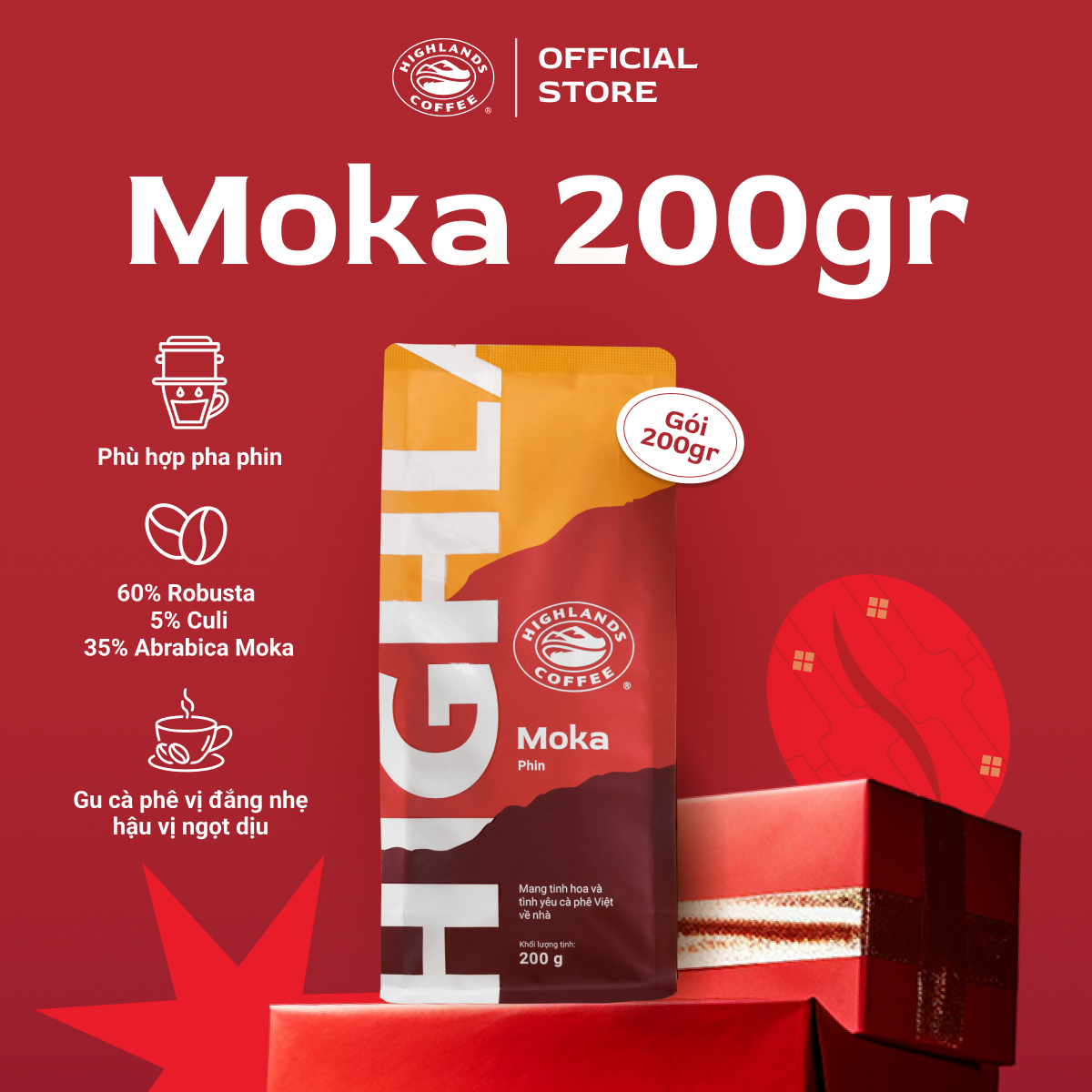 Cà Phê Rang Xay Moka Highlands Coffee 200g/gói