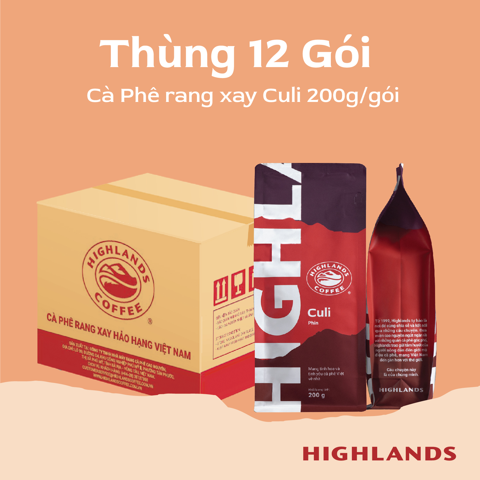 Thùng 12 gói Cà Phê Rang Xay Culi Highlands Coffee 200g/gói