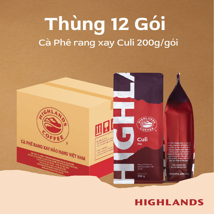 Thùng 12 gói Cà Phê Rang Xay Culi Highlands Coffee 200g/gói