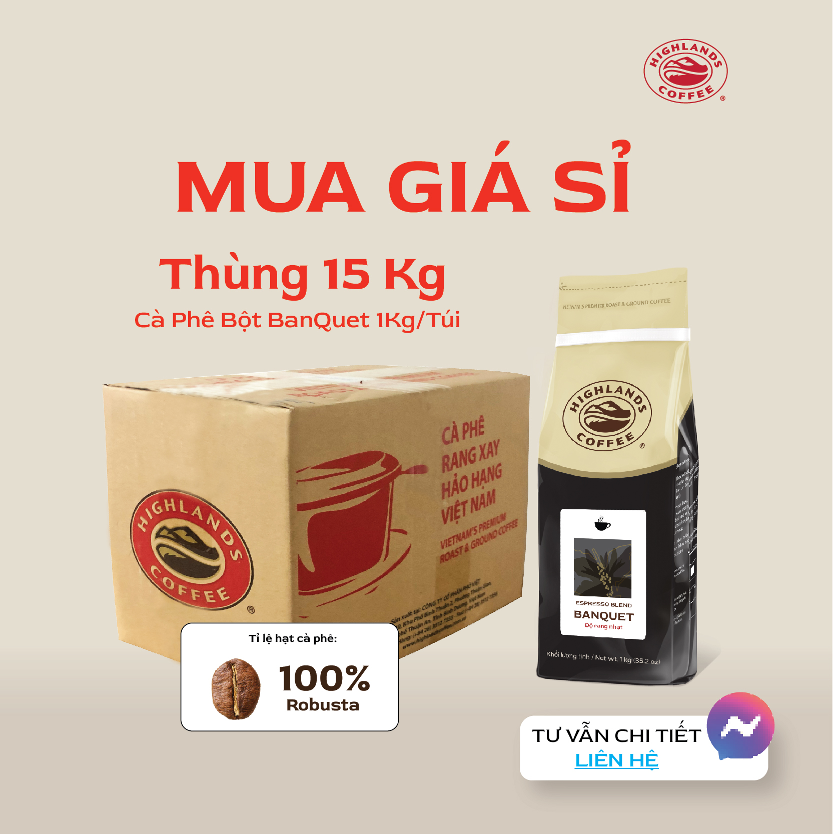 [B2B- Cà phê dành cho Khách sạn, nhà hàng] Thùng 15 Túi Cà Phê Rang Xay Buổi Sáng Banquet Highlands Coffee 1Kg