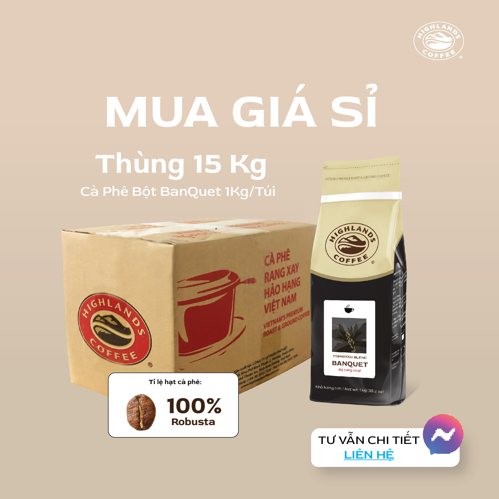 [B2B- Cà phê dành cho Khách sạn, nhà hàng] Thùng 15 Túi Cà Phê Rang Xay Buổi Sáng Banquet Highlands Coffee 1Kg
