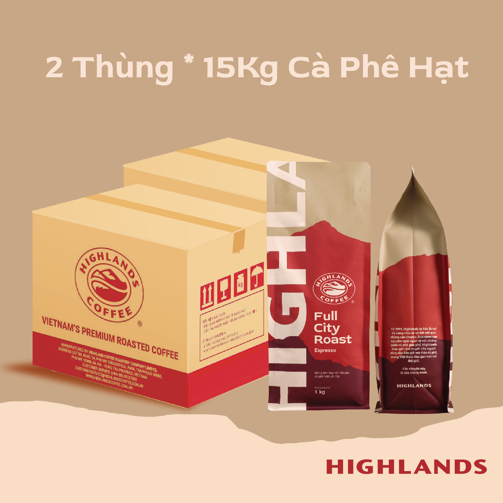 2 Thùng 15Kg Cà phê hạt Full City Roast Highlands Coffee 1kg