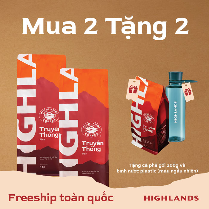 Mua 2 tặng 2 - Combo 2 Cà Phê Rang Xay Truyền Thống Highlands Coffee 1kg Tặng 01 gói cà phê 200g và 01 Bình nước Kita Slim Highlands 500ml