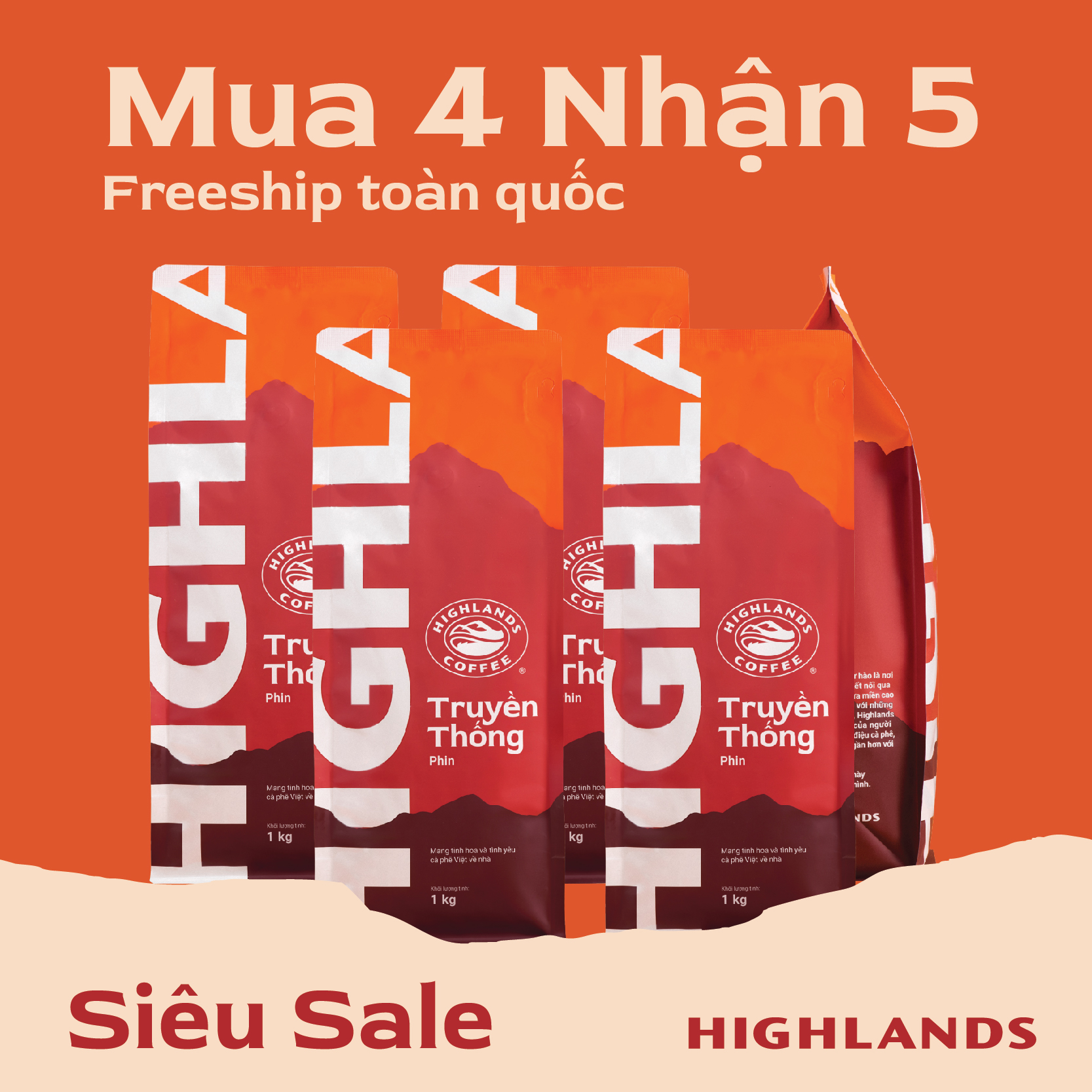 [DEAL THÁNG 6] MUA 4 TẶNG 1. Nhập mã KM30K giảm thêm 30K đơn từ 899K- Cà phê bột Truyền Thống Highlands Coffee 1kg. Giới hạn số lượng.