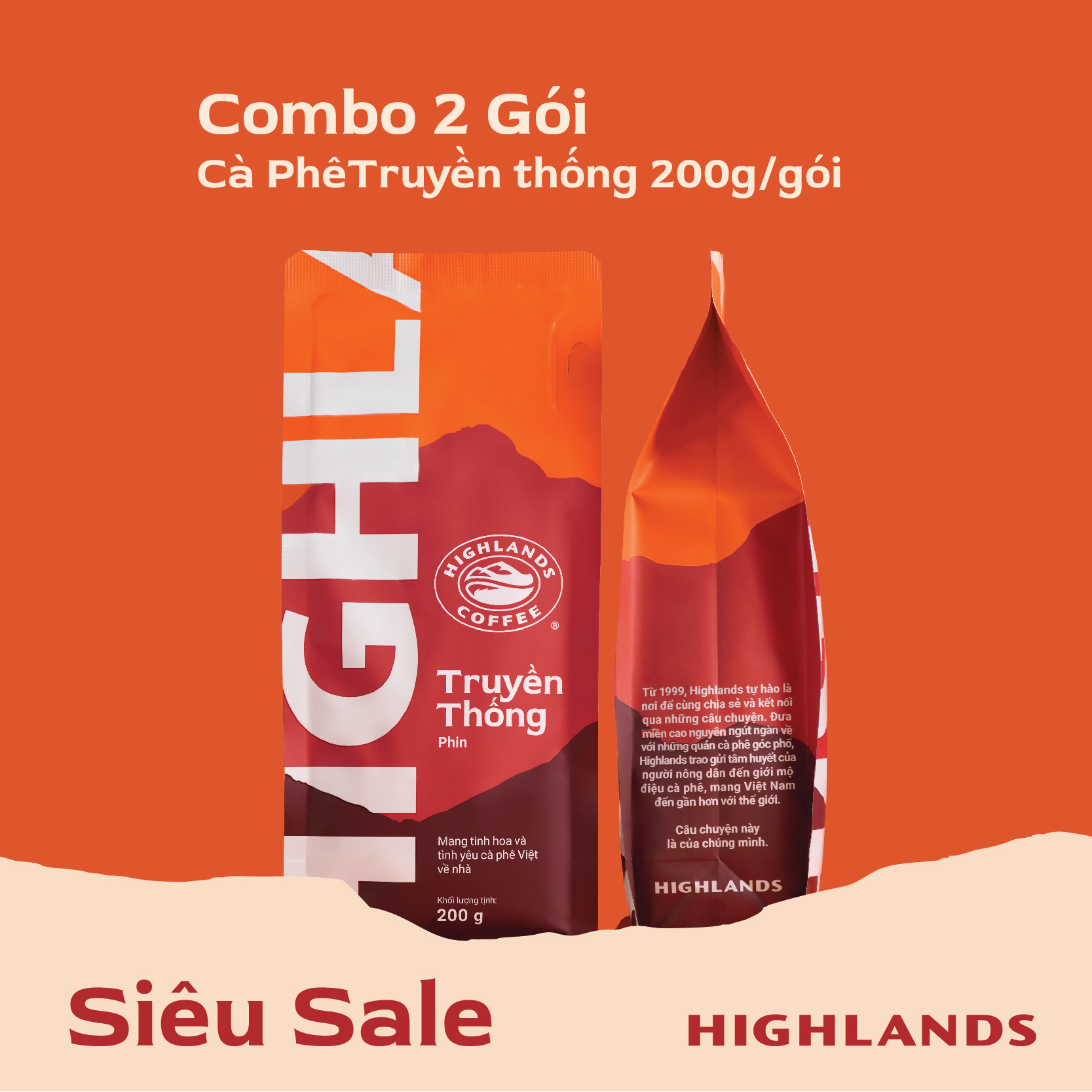 Combo 2 Gói Cà Phê Rang Xay Truyền Thống Highlands Coffee 200g/gói
