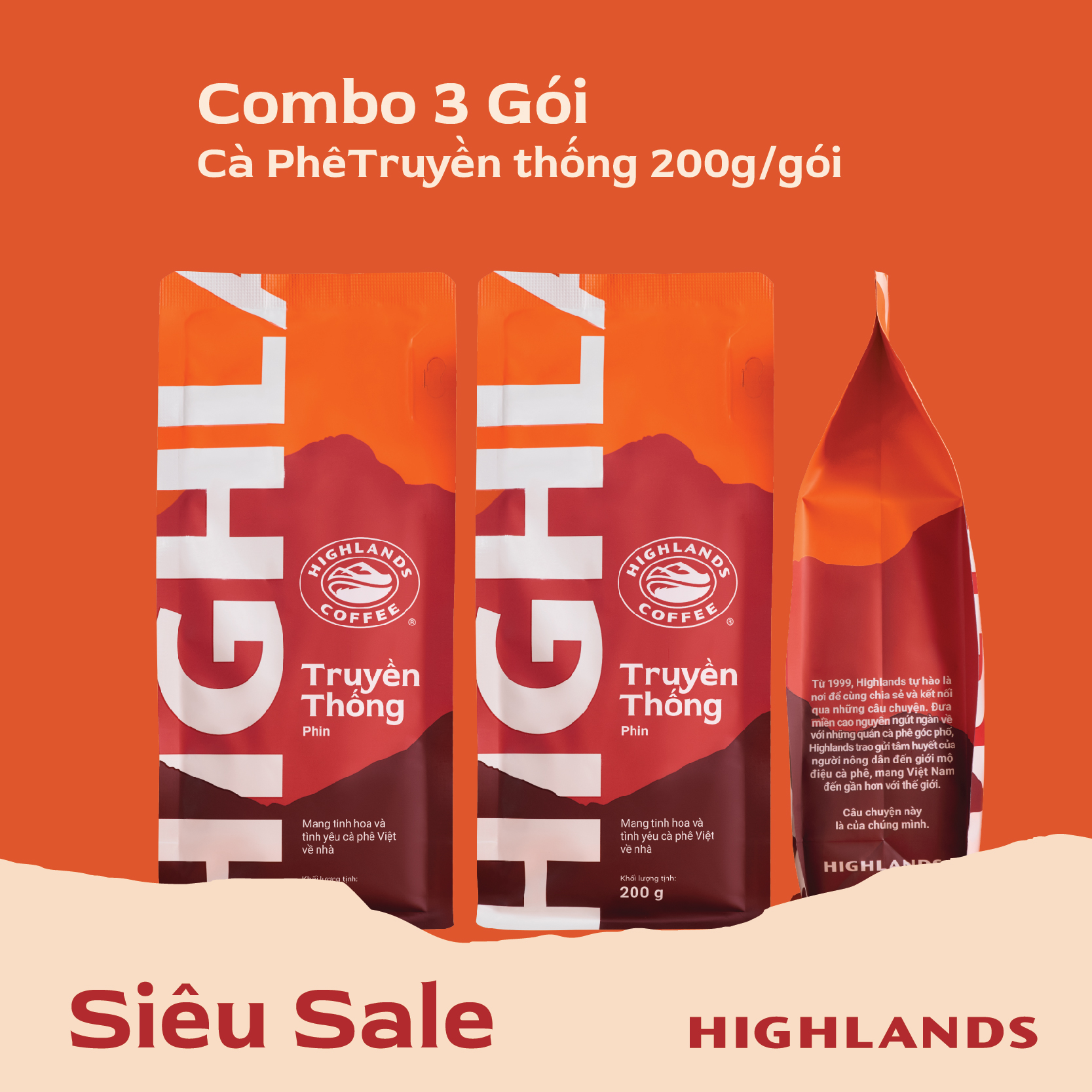 Combo 3 Gói Cà Phê Rang Xay Truyền Thống Highlands Coffee 200g/gói