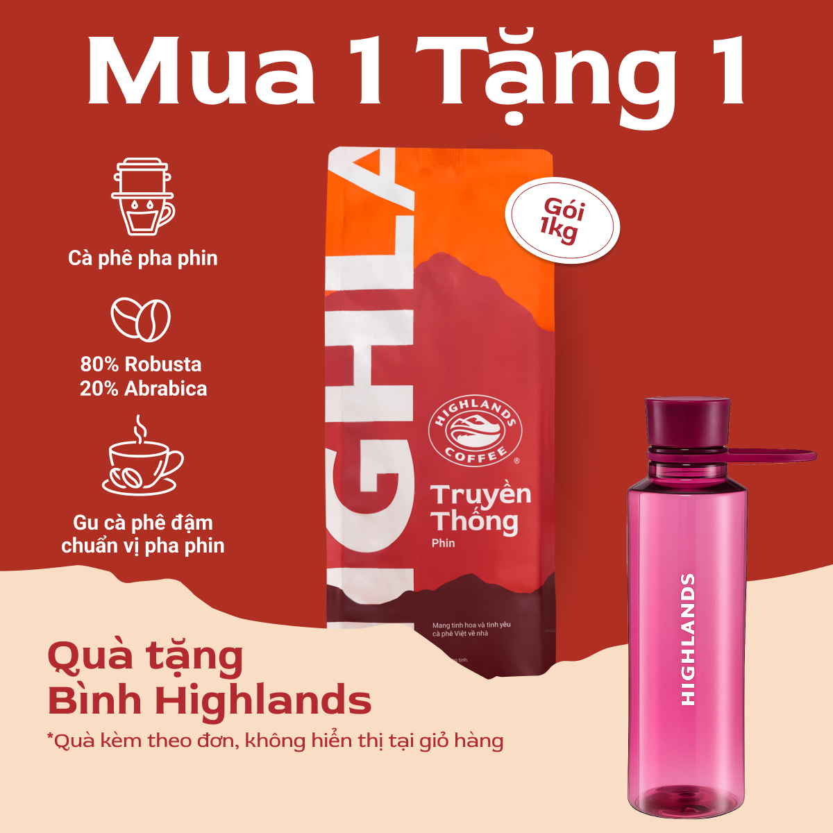 Freeship - Mua 1 tặng 1 - Mua Cà Phê Bột Truyền Thống Highlands Coffee 1kg Tặng 1 Bình nước Kita Slim 500ml (quà kèm đơn hàng)