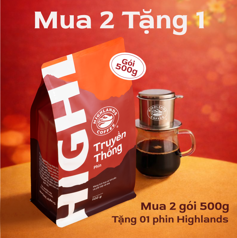 [Mua 2 Tặng 1] Mua 2 Túi Cà Phê Rang Xay Truyền Thống Highlands Coffee 500g tặng Phin Highlands