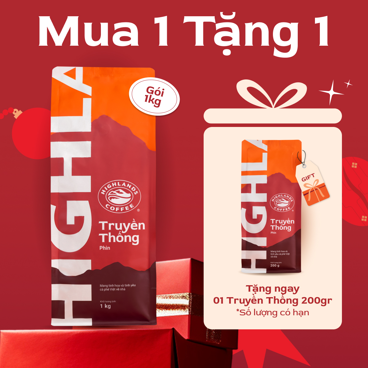 Freeship - MUA 1 TẶNG 1 - Cà phê Bột Truyền Thống 1kg Tặng 1 gói Truyền thống 200g (quà tặng kèm đơn hàng)