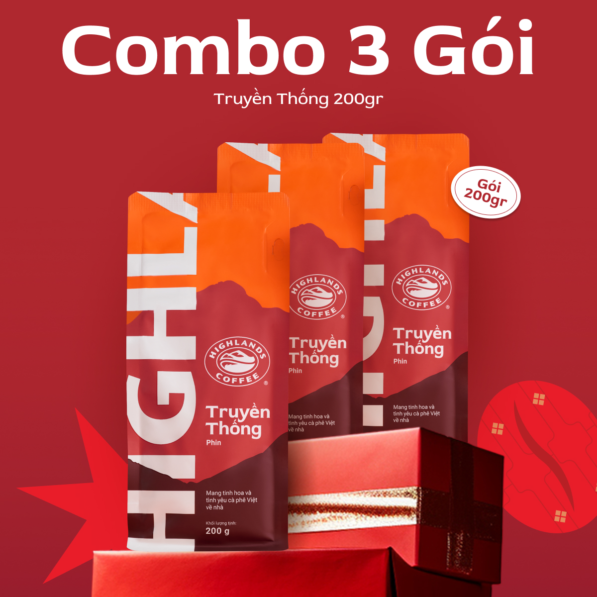Combo 3 Gói Cà Phê Rang Xay Truyền Thống Highlands Coffee 200g/gói