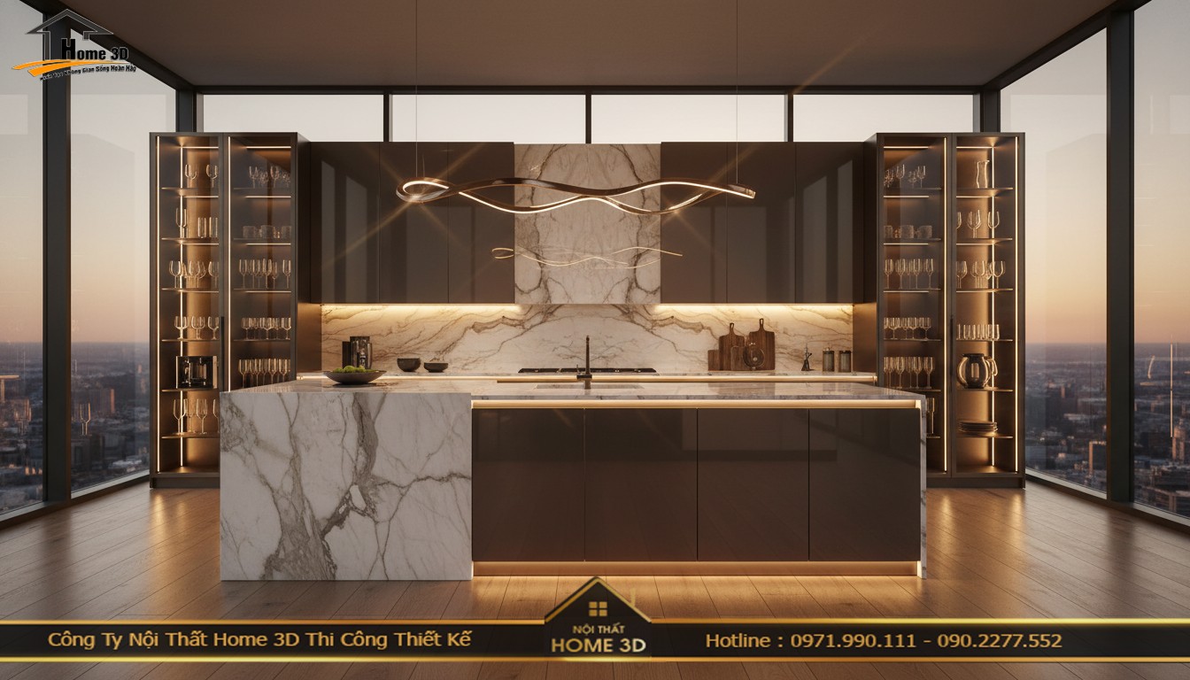 Mẫu tủ bếp đẹp gỗ công nghiệp phủ Laminate vân gỗ hiện đại