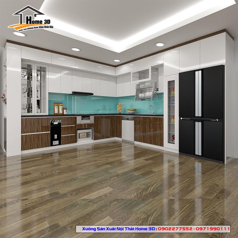 Phối cảnh tổng thể không gian bếp đẹp với tủ bếp Acrylic và thùng Inox