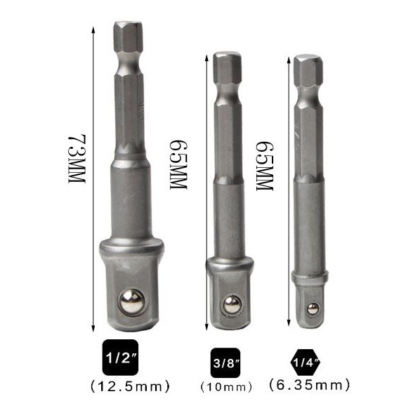 Đầu chuyển vít sang khẩu Bulong (chuôi lục giác) 3 kích cỡ 1/4 3/8 1/2 (dài 7cm)