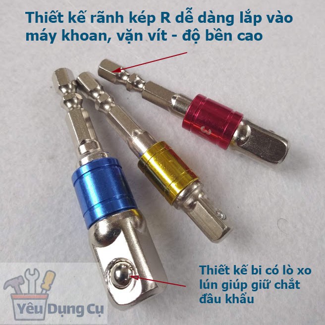 Đầu chuyển vít sang khẩu Bulong (chuôi lục giác) 3 kích cỡ 1/4 3/8 1/2 (dài 7cm)