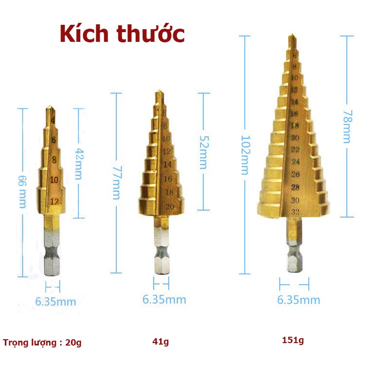 Bộ 3 mũi khoan bước tháp HSS 4241 phủ Titan, Đường kính từ 4 - 32mm