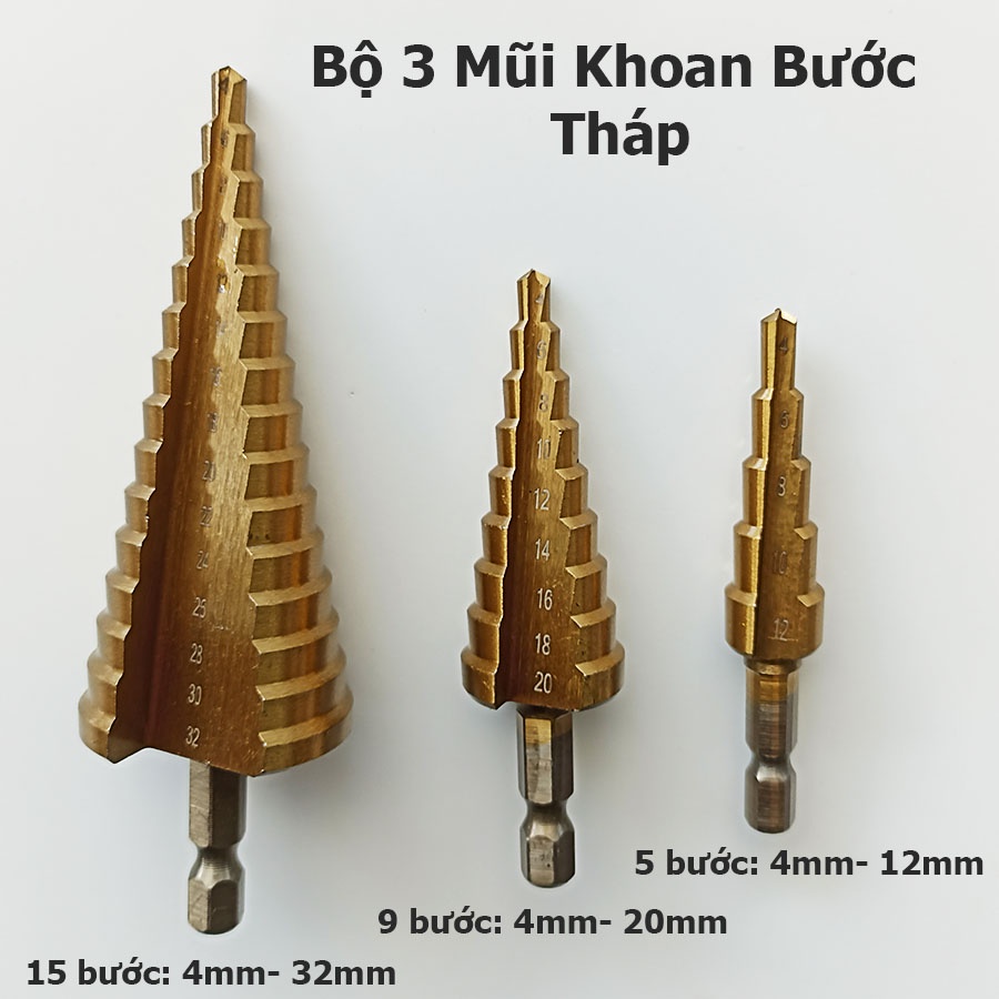 Bộ 3 mũi khoan bước tháp HSS 4241 phủ Titan, Đường kính từ 4 - 32mm