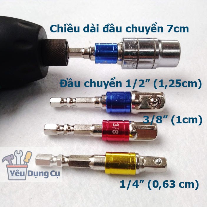 Đầu chuyển vít sang khẩu Bulong (chuôi lục giác) 3 kích cỡ 1/4 3/8 1/2 (dài 7cm)
